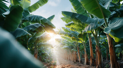 Lush banana plantation with tall trees and sunlight filtering through the leaves, creating a serene and vibrant atmosphere.