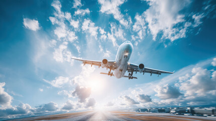 A commercial airplane ascends into a bright blue sky filled with clouds, capturing the essence of travel and adventure.