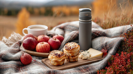 A cozy picnic set up featuring apples, pastries, cheese, a thermos, and a cup of coffee on a blanket against a picturesque autumn background.