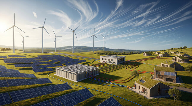 self-sufficient rural community powered by a smart microgrid. The system combines wind turbines and a large solar farm with a battery storage facility to provide sustainable energy.