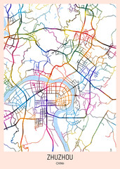 Zhuzhou China City Map. downtown tourism, house art travel, scenic metropolis concept, travel art city, patriotic abstract banner
