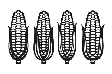 Four Maize Corncobs Silhouettes with Black Husk on a White Background