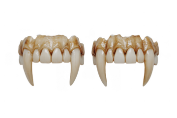 Pair of upper animal jaws featuring sharp canine teeth and molars, showcasing a carnivorous dental structure.