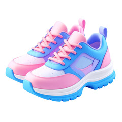 a close up of a pair of pink and blue sneakers