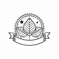 A stylized emblem featuring three leaves within a circular frame adorned with stars and a ribbon banner for text