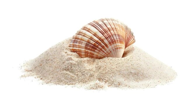 A single shell sitting on top of a pile of sand against a white background