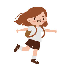 Cute cartoon schoolgirl in uniform running happily with a backpack. Flat vector illustration for education, school, and childhood themes.
