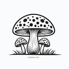 Simple Mushroom Illustration A Black and White Line Art Depicting Three Mushrooms in Nature