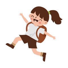 Cheerful schoolgirl jumping with a backpack. Cute flat vector illustration for education, back to school, and children’s learning themes.
