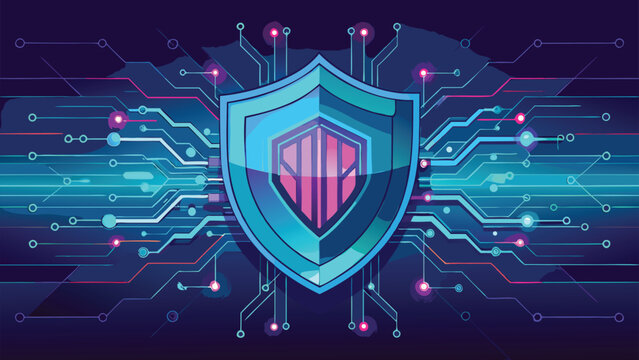 Cyber security digital shield protecting data flow within circuitry representing modern technology safety and innovation.