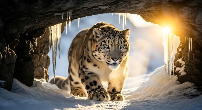 A majestic snow leopard emerges from a rocky, icy cave into the bright sunlight.