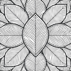 Intricate Leaf Mandala Black and White Line Art Design