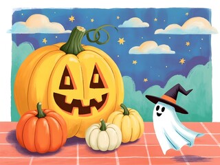 A cute ghost wearing a witch hat floats happily beside big pumpkins under a starry night sky, creating a cheerful and festive Halloween scene.