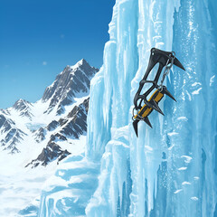 Ice climbing gear on glacial face in mountains. Ideal for adventure or outdoor ads, showcasing rugged exploration.