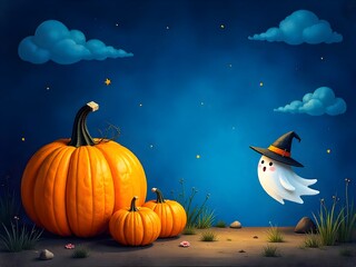 A cute ghost wearing a witch hat floats happily beside big pumpkins under a starry night sky, creating a cheerful and festive Halloween scene.