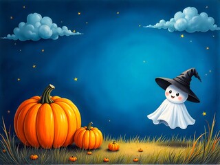 A cute ghost wearing a witch hat floats happily beside big pumpkins under a starry night sky, creating a cheerful and festive Halloween scene.
