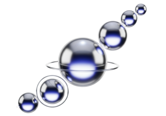 Perfectly smooth, luminous ethereal spheres, one with shimmering halo, glowing indigo to silver gradient, against infinite white background with copy space, serene cosmic harmony
