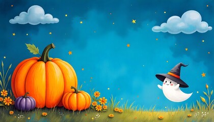 A cute ghost wearing a witch hat floats happily beside big pumpkins under a starry night sky, creating a cheerful and festive Halloween scene.