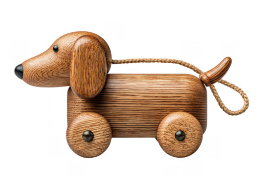 A wooden toy dog on wheels with a rope tail, crafted with textured wood and black accents for eyes and nose.