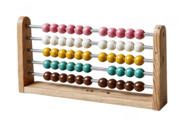 A wooden abacus featuring five rows of colorful beads, including pink, white, yellow, green, and brown, used for counting and basic arithmetic.