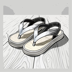 A pair of modern flip-flop sandals with white straps and light wood-textured soles, depicted in a clean illustration, resting on a rustic wooden floor, perfect for summer