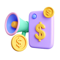there is a purple phone with a dollar sign and a yellow horn