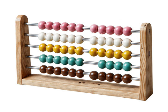 A wooden abacus featuring five rows of colorful beads, including pink, white, yellow, green, and brown, used for counting and basic arithmetic.