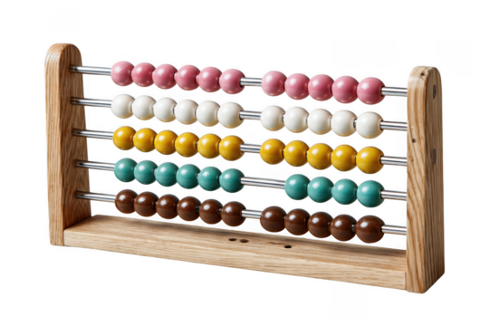 A wooden abacus featuring five rows of colorful beads, including pink, white, yellow, green, and brown, used for counting and basic arithmetic.