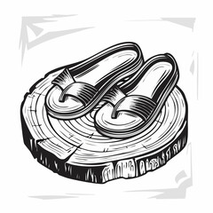 Hand-drawn monochrome illustration of summer flip-flop sandals resting on a rustic wooden log slice