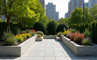 Obraz premium Landscaped City Terrace with Concrete Retaining Wall and Vibrant Flowers. High quality