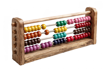 A wooden abacus with multiple colorful beads arranged on horizontal rods for manual counting and calculation.