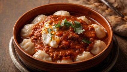 Steamed meat dumplings with creamy yogurt and a side of fresh bread, close up view