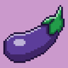 Fototapeta premium Pixel art icon of an eggplant (or aubergine) in a 8-bit video game aesthetic. Featuring a rich purple body and green stem, a perfect asset for any project requiring a simple retro graphic