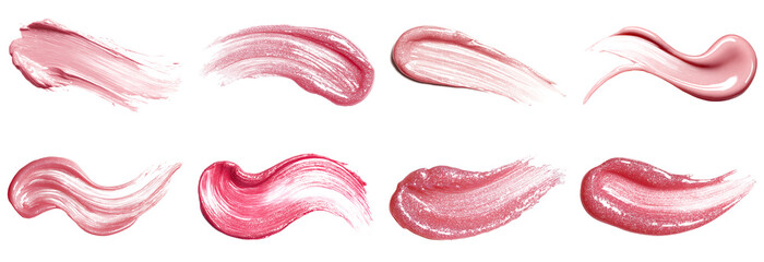 A collection of pink lip gloss smears isolated on a white background, showcasing various textures and shades perfect for beauty and cosmetic marketing.