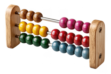 A wooden abacus with four rows of colorful beads in brown, yellow, red, green, blue, and purple on metal rods.