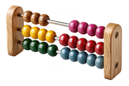 A wooden abacus with four rows of colorful beads in brown, yellow, red, green, blue, and purple on metal rods.