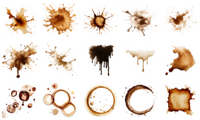 High-resolution isolated coffee stains on a clean white background. Perfect for creative projects, designs, and artistic backgrounds showcasing unique textures and patterns.