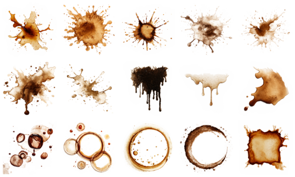 High-resolution isolated coffee stains on a clean white background. Perfect for creative projects, designs, and artistic backgrounds showcasing unique textures and patterns.