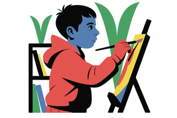 Young boy in red hoodie focused on painting on an easel with colorful art supplies