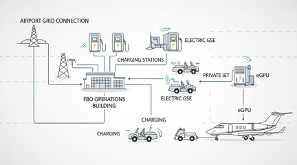 diagram illustrating the electric infrastructure of a modern airport. It shows how an FBO building connects to the power grid, providing charging for electric GSE and private jets.