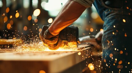 Close-Up of Craftsperson Using Angle Grinder with Sparks Flying