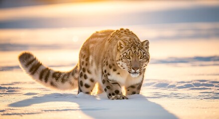 A majestic snow leopard walks across a snow-covered landscape during golden hour, its spotted fur illuminated by the warm sunlight.