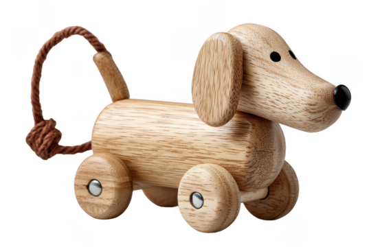 A wooden toy dog with wheels and a rope tail, crafted with smooth textures and simple, charming details. - Powered by Adobe