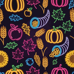 Colorful neon Thanksgiving-themed seamless pattern with pumpkins, apples, and fall leaves design, seamless pattern, Stock royalty image.