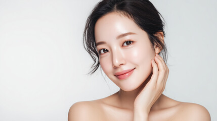 Skincare studio portrait of Korean woman with white background