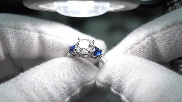 Expert jeweler in white gloves carefully inspects a luxurious diamond and sapphire engagement ring under a bright lamp for appraisal