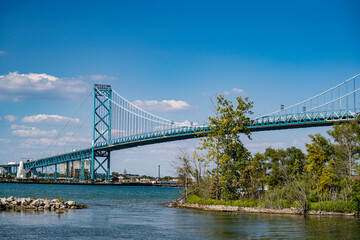View of Ambassador Bridge connecting Canada and USA.