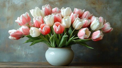 Bouquet of white and pink tulips arranged in a simple ceramic vase on a minimalistic background the petals gently opening radiating elegance and calmness