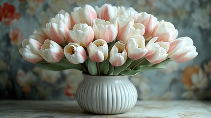 Bouquet of white and pink tulips arranged in a simple ceramic vase on a minimalistic background the petals gently opening radiating elegance and calmness