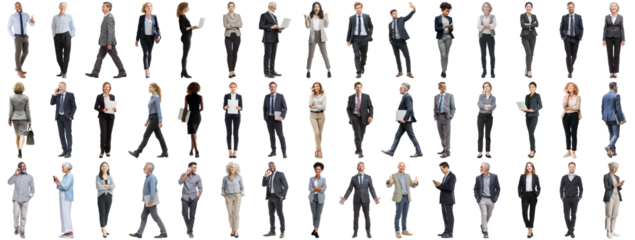 Set of business people in various actions on isolated background. Businesspeople, businesswomen, businessmen office worker in full body length studio professional shot in casual and formal wear